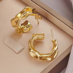 MYKI Stainless Steel Gold Plated Contemporary Shaped Half Hoop Earrings-image-18