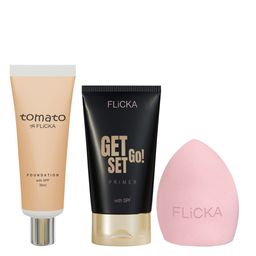 FLiCKA 3Pcs Makeup Combo - Tomato Foundation & Get Set Go Primer with Beauty Blender-10