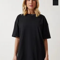 Happiness istanbul Women Solid Round Neck Cotton Oversized T-Shirt-image-18