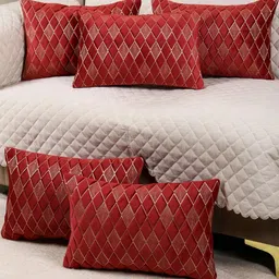 Designer Rectangle Cushion Covers 12x18 Set of 5 | Premium Velvet Sofa Throw Pillow Covers | Stylish Modern Home Dcor | Maroon Color-1