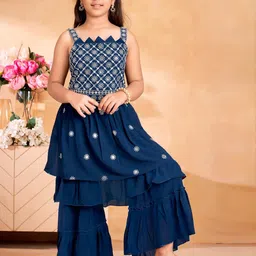 Sangria Girls Turquoise Blue Georgette Kurta Sets-image-29