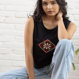JEMCY Women Geometric Printed Embroidered Round Neck Cotton Top-image-87