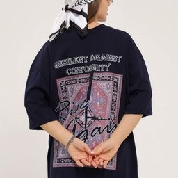 LULU & SKY Graphic Printed Round Neck Drop Shoulder Sleeves Pure Cotton Oversized T-shirt-image-96