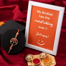 PANASH Set Of 3 Gold Plated Stone-Studded & Beaded Rakhi With Photo Frame & Roli Chawal-image-23