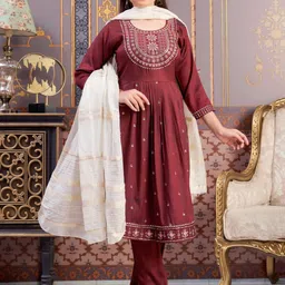 Sangria Girls Embroidered Round Neck A -Line Kurta With Trousers & Dupatta-12