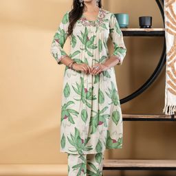 Readiprint Women Floral Printed Pleated Thread Work Pure Cotton Kurta with Trousers-18