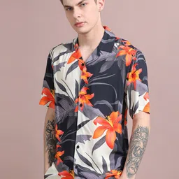 StitchX Men's Half Sleeve Floral Printed Lightweight Cuban Collar Shirt-image-64