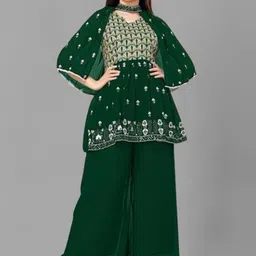 PARROT CREATION Floral Embroidered V-Neck Georgette A-Line Kurti With Palazzo And Cape-picture-5