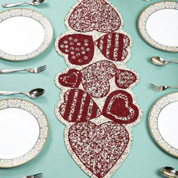 YWULY White & Maroon Embroidered Beaded Dining TableRunner-17