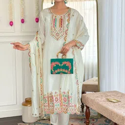 KALINI Women Woven Design Embroidered Straight Kurta with Trousers & Dupatta-picture-58
