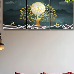 SAF Gold-Toned & White 3 Pieces Tree And Moon Printed Wooden Wall Art-image-18