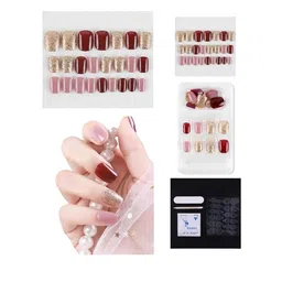 Coslifestore Set Of 24 Artificial Press On Nails With Glitter Design-Maroon Gold & Peach image 1