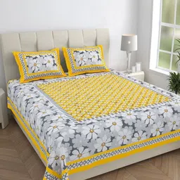 HOMELINE Yellow & Grey Floral Printed Cotton144 TC King Bedsheet with Set 2.286 m x 2.621m-image-64