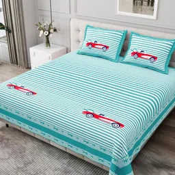 BED-SHEET.COM Blue & White Striped Printed 250 TC Cotton King Bedsheet Set-image-53