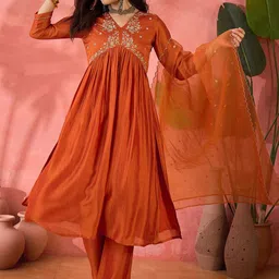 Sangria Orange Floral Embroidered V-Neck A-Line Kurta With Trousers And Dupatta-37