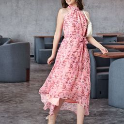 Souchii Floral Print Halter Neck Layered Chiffon Fit & Flare Maxi Dress-picture-2