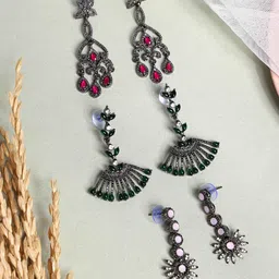 PANASH Pack Of 6 Silver Plated Cubic Zirconia Studded Drop Earrings-49
