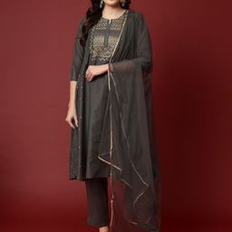 Aspriya Floral Embroidered Panelled Chanderi Silk A-Line Kurta With Trousers & Dupatta-image-23