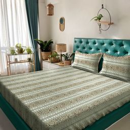 Myntra Elegant Homes Green Floral Pure Cotton 400 TC King Bedsheet Set 2.5m x 2.25m-image-90