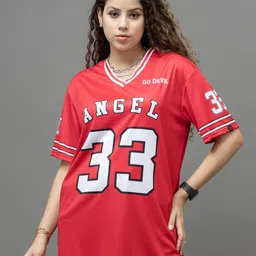 GO DEVIL Women Varsity Printed V-Neck Applique T-shirt-image-76