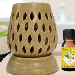 PEEPALCOMM 2Pcs Brown Printed Ceramic Long Electrical Diffuser With Mogra Aroma Oil -10 ml-56