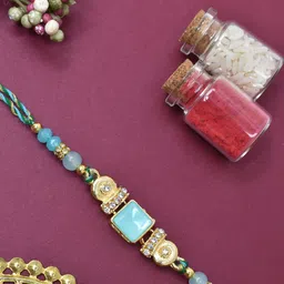 MEIRA JEWELLERY Gold-Plated Stone Studded Thread Rakhi With Roli Chawal-image-34