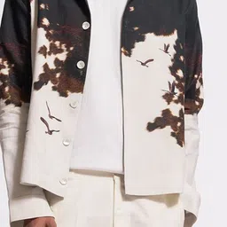 Balance by Rohit Bal Ivory Graphic Printed Spread Collar Linen Open Front Jacket image 3