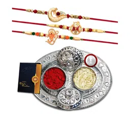 DeoDap Unisex Set of 3 Rakhis with Pooja Thali Roli Chawal Coin Greeting Card Gift Set-5