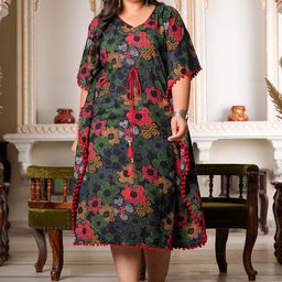 IKRASS Women Plus Size V-Neck Floral Printed Kaftan Midi Dress-picture-24