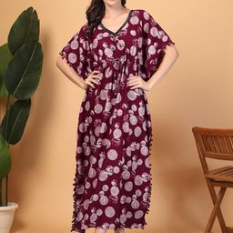 KLOTTHE Women Red Floral Cotton Blend Kaftan Maxi Nightdress-picture-14