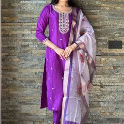 MOKOSH Floral Embroidered Thread Work Chinon Kurta With Trousers & Dupatta-image-85