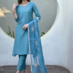 Sky Blue Solid Kurta Set with Floral Organza Dupatta | Elegant Daily & Festive Wear-picture-27