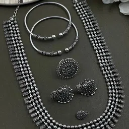 NAMAN ARTS Soumya 3 Line Silver-Plated Oxidised Necklace Jewellery Set-picture-21