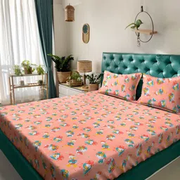 KLOTTHE Kids Pink & Orange Printed Pure Cotton 400 TC King Bedsheet Set 2.50 m x 2.25 m-31