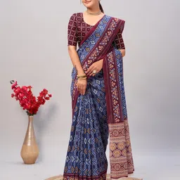 HERE&NOW Ajrak Block Block Print Saree-image-55