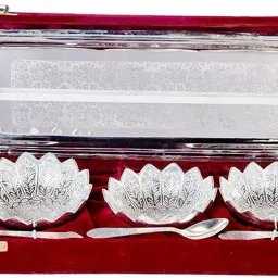 Gift German Silver Brass Round Bowl Sets with Tray and Spoon with Royal Royal Luxury Velvet Box Packing Used for Dry Fruit, Sweets and Home Décor Bowl, Spoon, Tray Serving Set-27