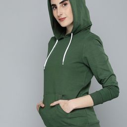 HERE&NOW Women Dark Green Solid Pure Cotton Hooded Pullover Sweatshirt-29