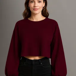 Moda Rapido Ribbed Cuffed Sleeves Boxy Crop Top-image-9
