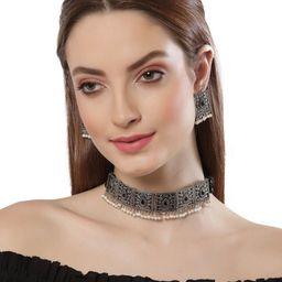 PUJVI Stone-Studded & Beaded Oxidised Jewellery Set-image-93