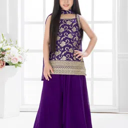 Tiny Kingdom Girls Floral Woven Design Square Neck Georgette Kurti With Palazzos & Dupatta-picture-21