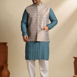 SOJANYA PLUS Floral Embroidered Thread Work Pure Cotton Kurta & Pyjama With Nehru jacket-image-38