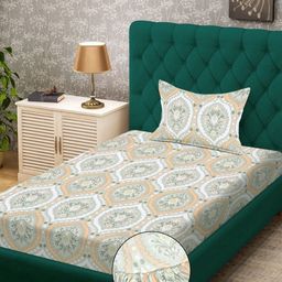 KLOTTHE Green & Beige Printed 300 TC Single Bedsheet With 1 Pillow Cover - 2.25 x 1.50 m-image-98