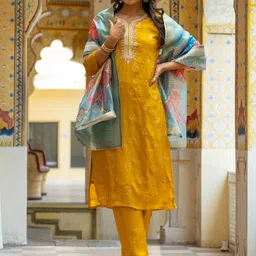 Navlik Ethnic Motifs Embroidered Round Neck Thread Work Kurta With Trousers & Dupatta-picture-1