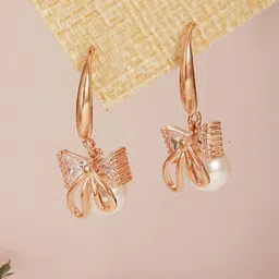 DressBerry Rose Gold Plated Pearl & Crystal Studded Contemporary Drop Earrings-image-90