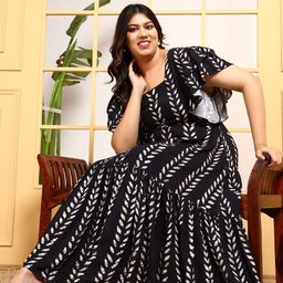 DEEBACO Women Plus Size Floral Tiered Monochrome Flutter Sleeve Fit & Flare Midi Dress-image-35