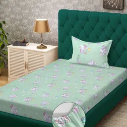 Myntra Elegant Homes Green & White Cartoon Characters 400 TC Single Bedsheet with 1 Pillow Covers-image-88