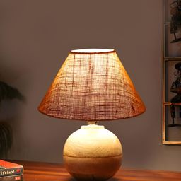 Aura Beige Textured Wooden Frustum Shaped Table Lamp-3