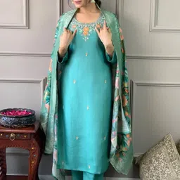 DWIJA FASHION Floral Embroidered Thread Work Straight Kurta & Trouser With Dupatta-picture-6