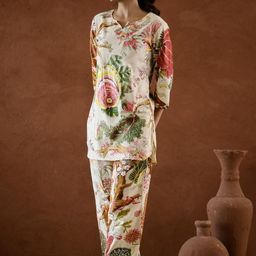 FLAVIA CREATION Floral Printed Notch Neck Pure Cotton Top & Trousers-image-80