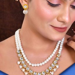 DressBerry Women White & Cream Gold-Plated Pearls & Kundan Beaded Necklace & Earrings-picture-24